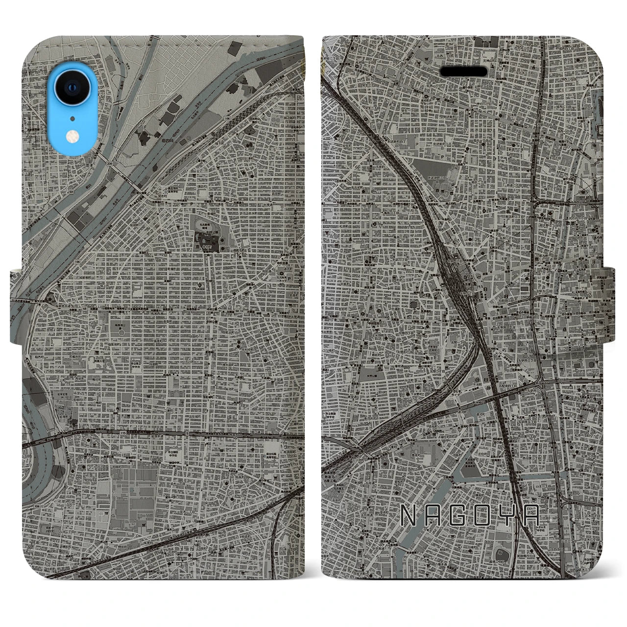 【名古屋2(愛知県)】地図柄iPhoneケース(手帳タイプ)モノトーン・iPhone XR 用