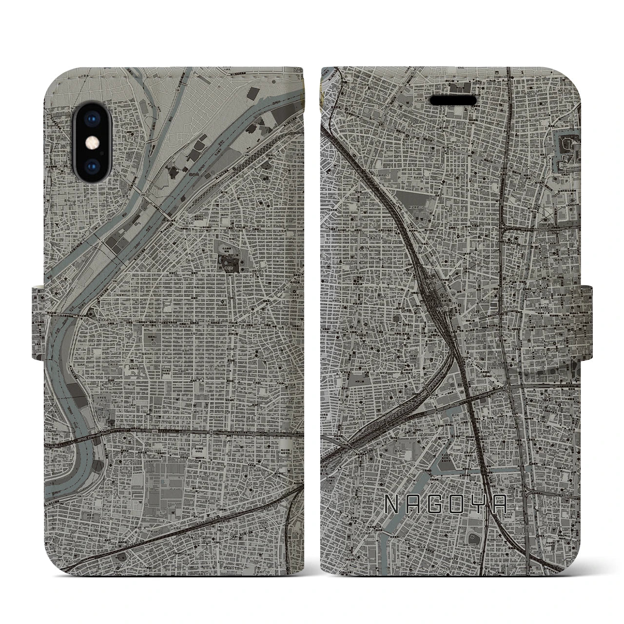 【名古屋2(愛知県)】地図柄iPhoneケース(手帳タイプ)モノトーン・iPhone XS / X 用