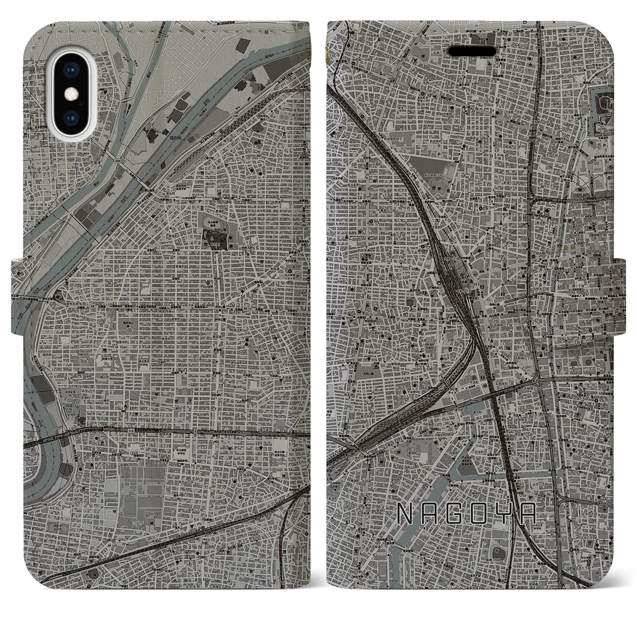 【名古屋2(愛知県)】地図柄iPhoneケース(手帳タイプ)モノトーン・iPhone XS Max 用