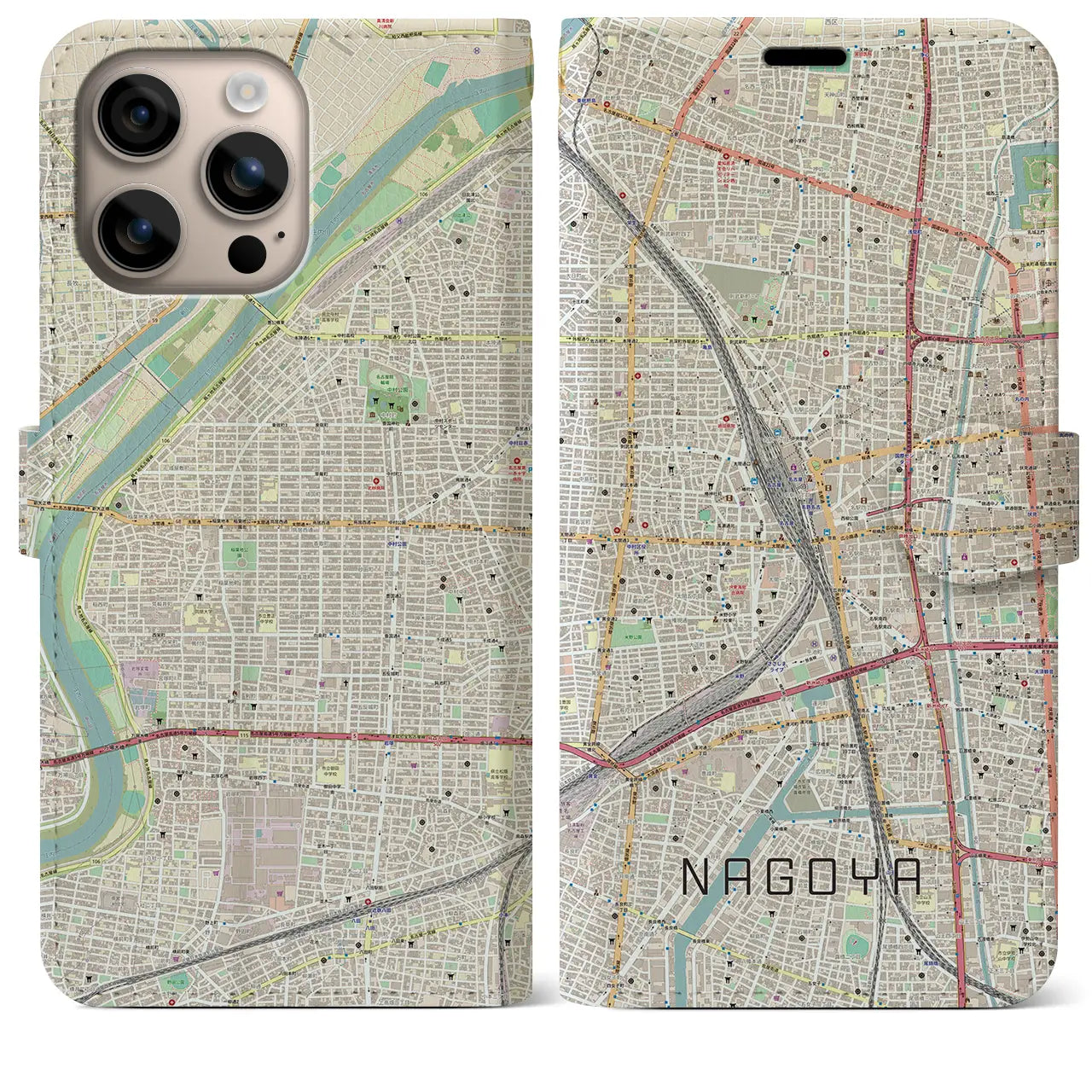 【名古屋2(愛知県)】地図柄iPhoneケース(手帳タイプ)ナチュラル・iPhone 16 Plus 用