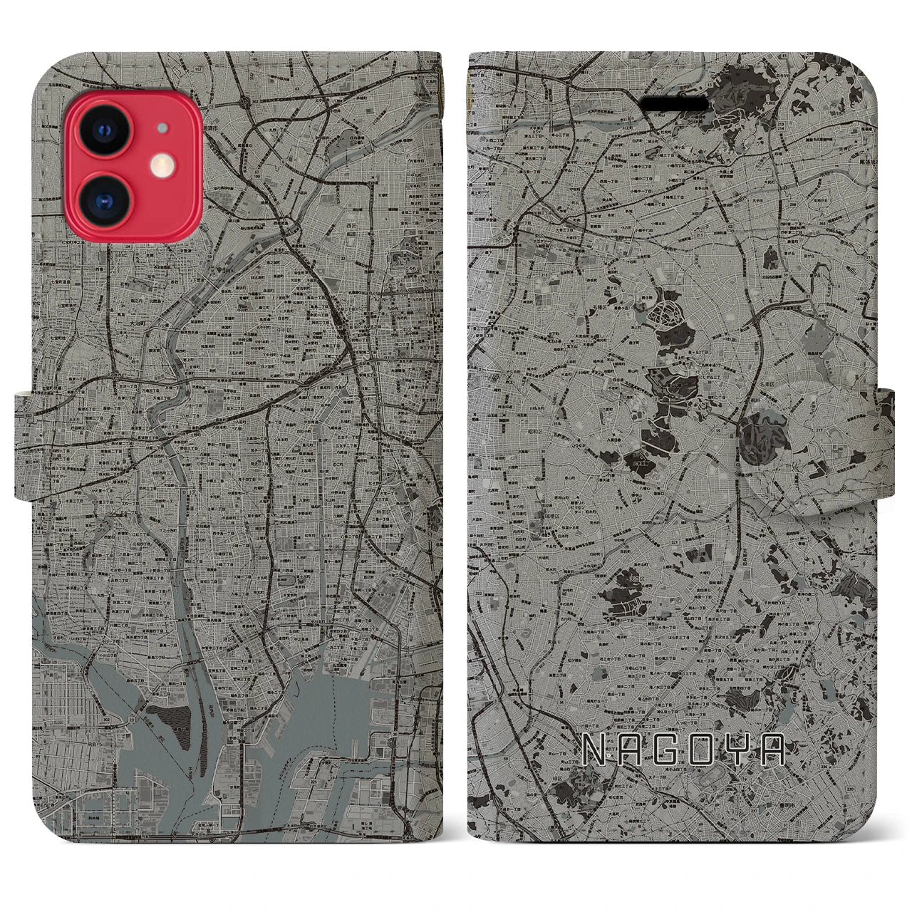 【名古屋(愛知県)】地図柄iPhoneケース(手帳タイプ)モノトーン・iPhone 11 用