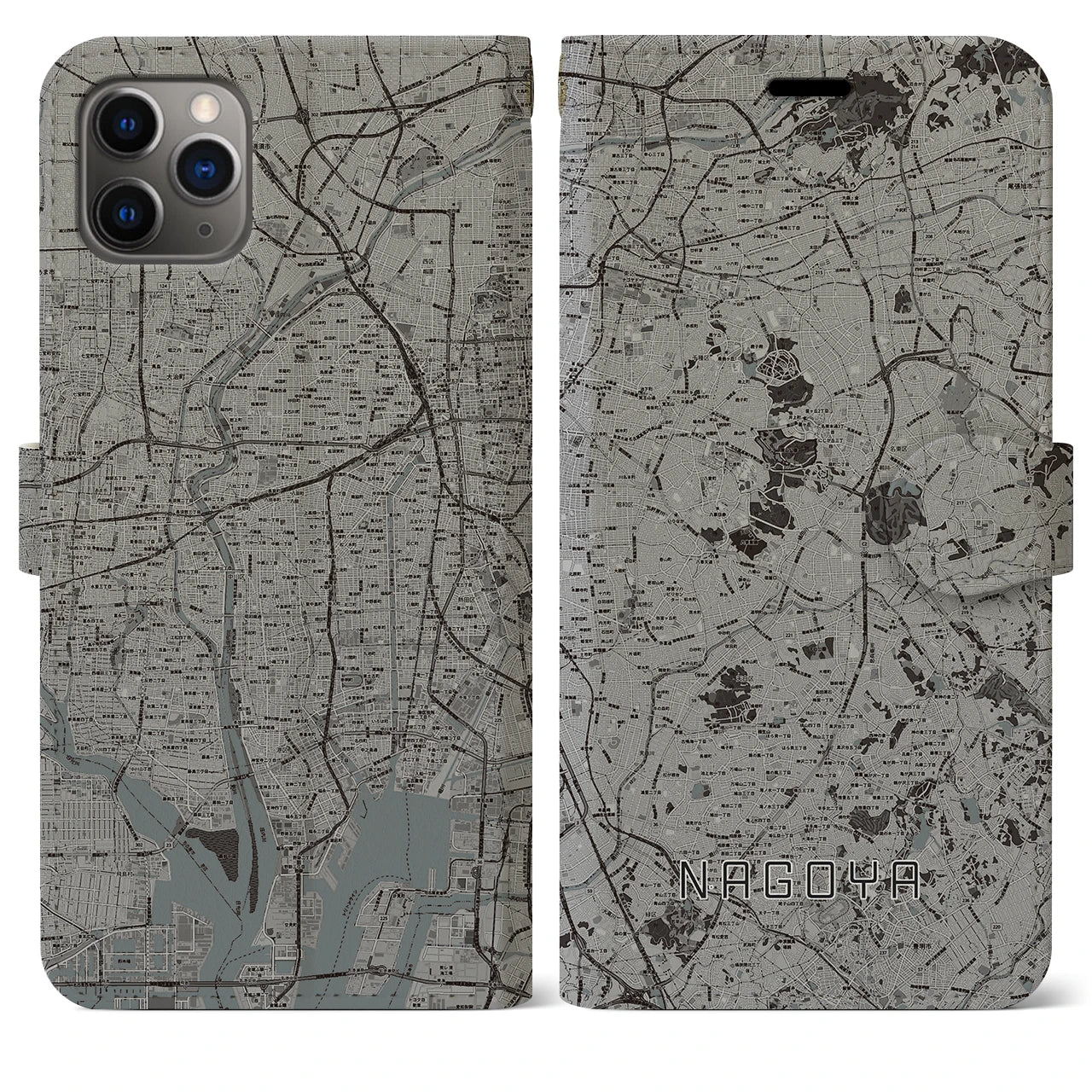 【名古屋(愛知県)】地図柄iPhoneケース(手帳タイプ)モノトーン・iPhone 11 Pro Max 用