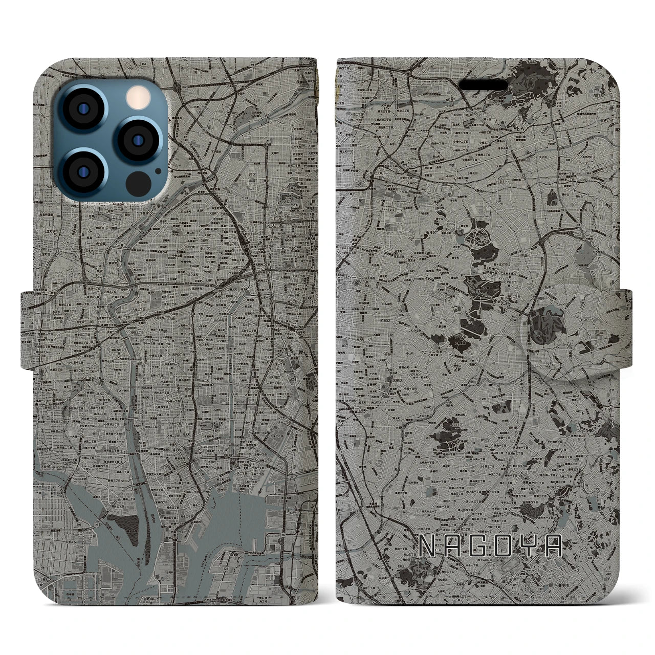 【名古屋(愛知県)】地図柄iPhoneケース(手帳タイプ)モノトーン・iPhone 12 / 12 Pro 用