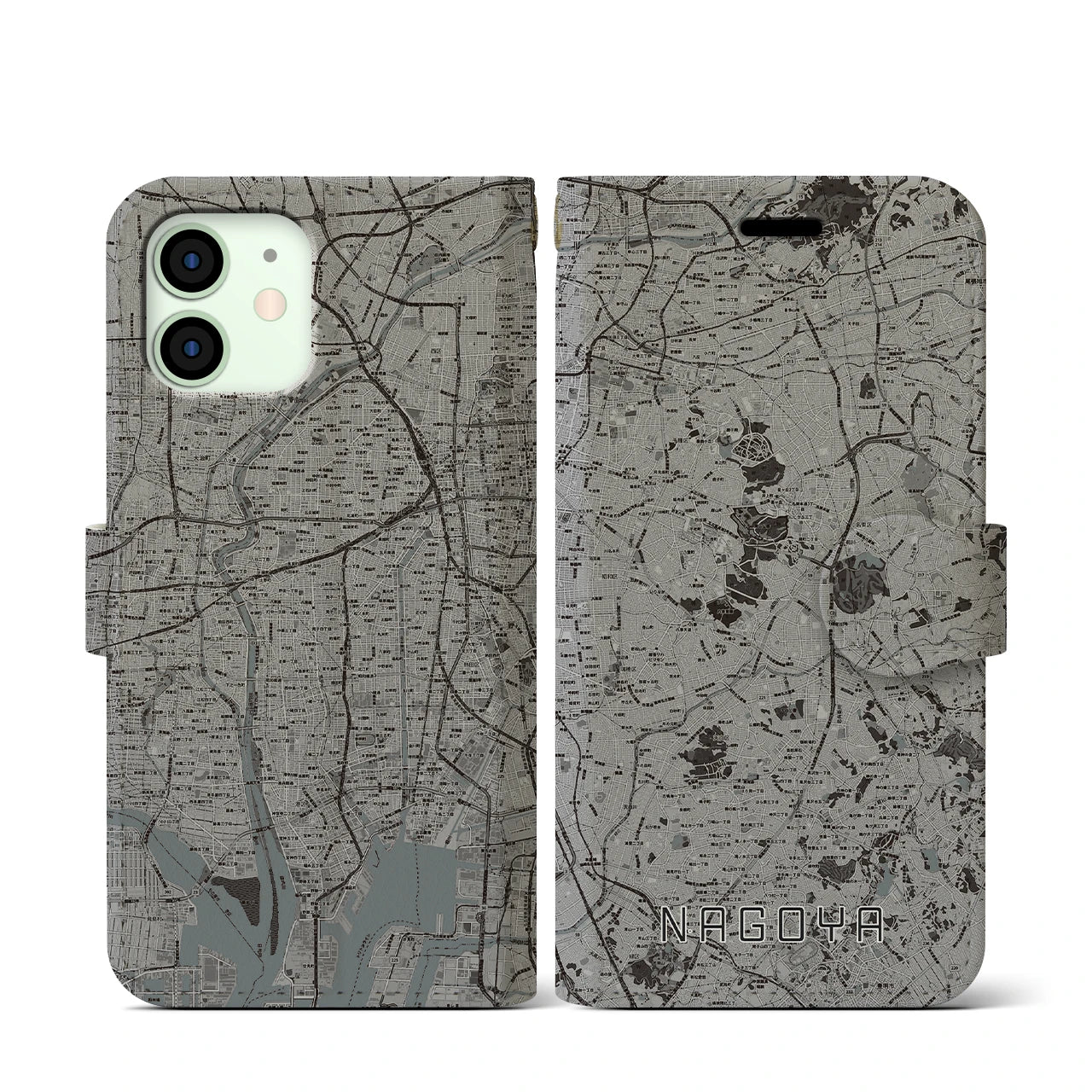 【名古屋(愛知県)】地図柄iPhoneケース(手帳タイプ)モノトーン・iPhone 12 mini 用