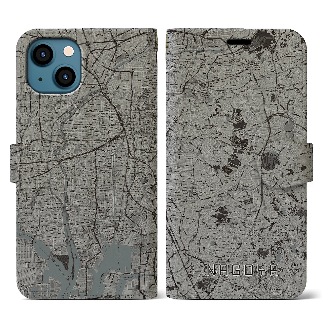 【名古屋(愛知県)】地図柄iPhoneケース(手帳タイプ)モノトーン・iPhone 13 用