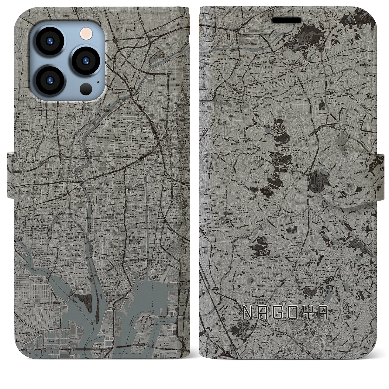 【名古屋(愛知県)】地図柄iPhoneケース(手帳タイプ)モノトーン・iPhone 13 Pro Max 用