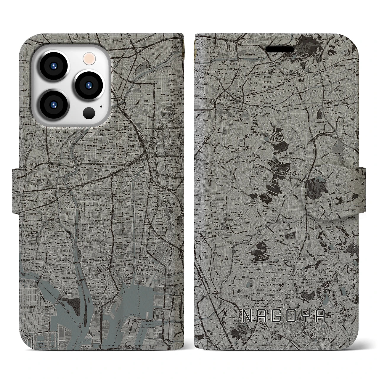 【名古屋(愛知県)】地図柄iPhoneケース(手帳タイプ)モノトーン・iPhone 13 Pro 用