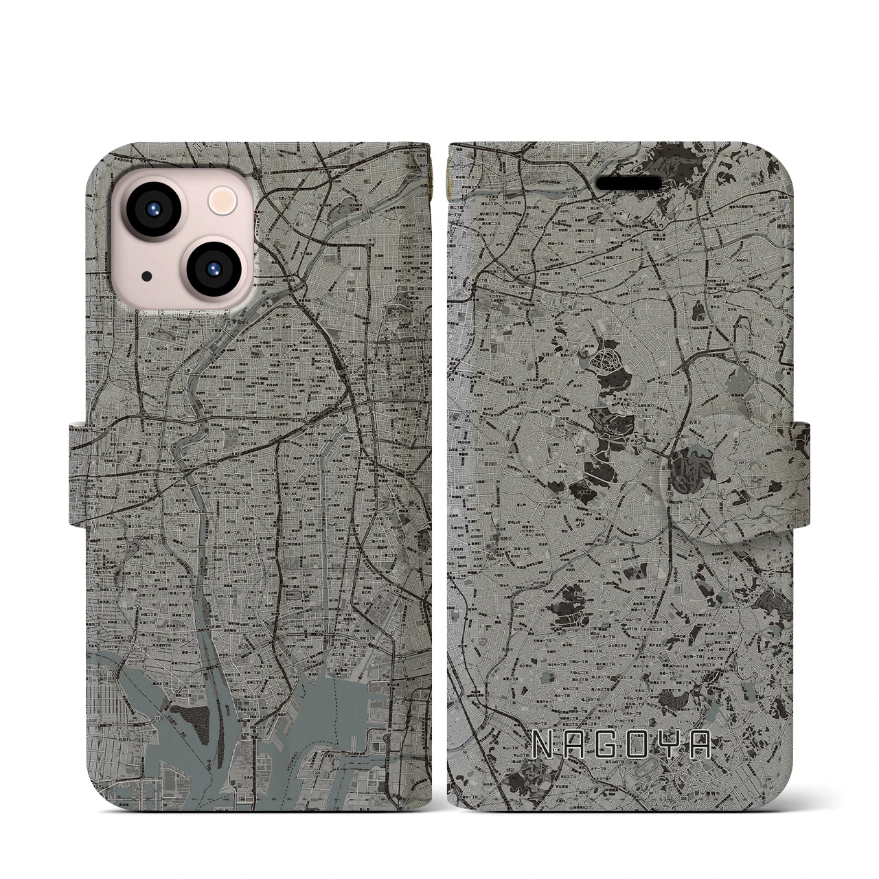 【名古屋(愛知県)】地図柄iPhoneケース(手帳タイプ)モノトーン・iPhone 13 mini 用