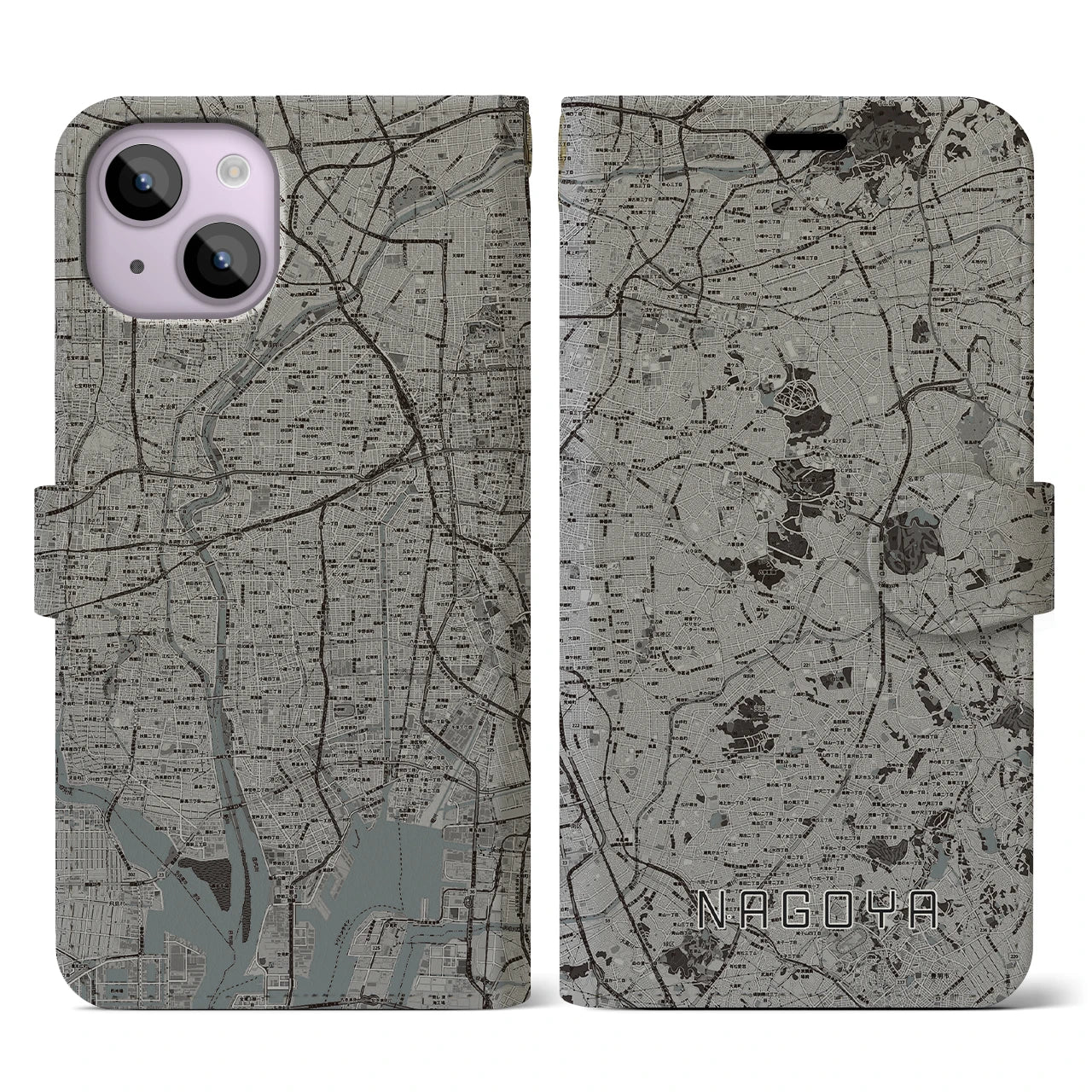 【名古屋(愛知県)】地図柄iPhoneケース(手帳タイプ)モノトーン・iPhone 14 用