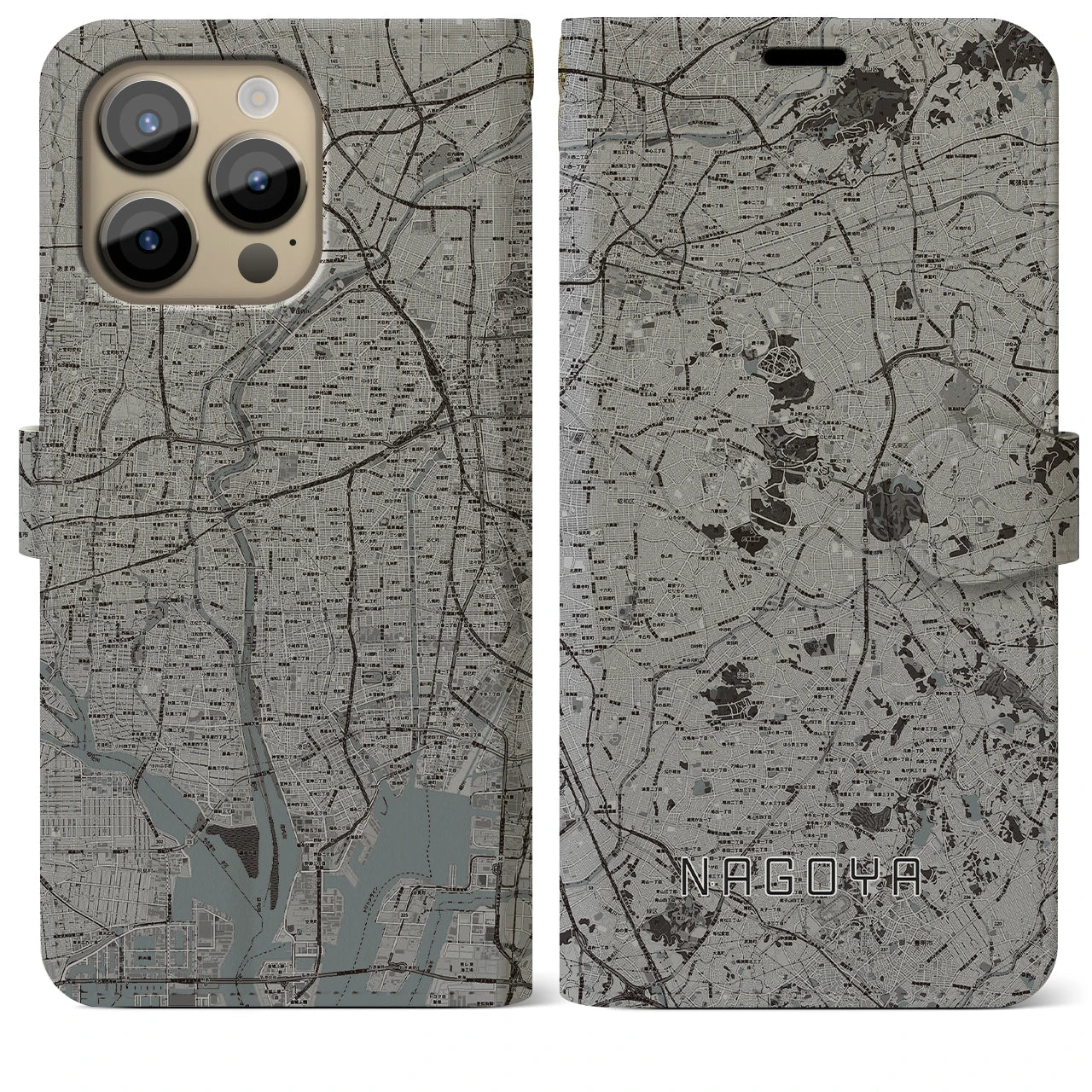 【名古屋(愛知県)】地図柄iPhoneケース(手帳タイプ)モノトーン・iPhone 14 Pro Max 用
