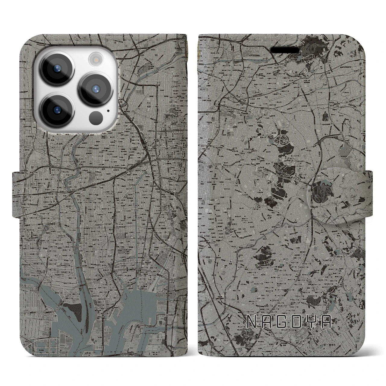 【名古屋(愛知県)】地図柄iPhoneケース(手帳タイプ)モノトーン・iPhone 14 Pro 用