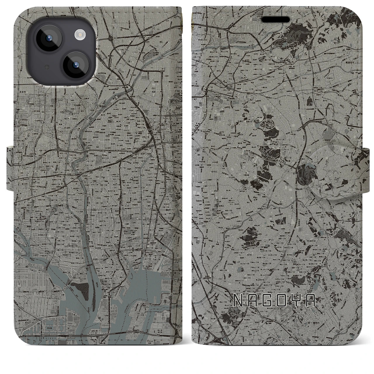 【名古屋(愛知県)】地図柄iPhoneケース(手帳タイプ)モノトーン・iPhone 14 Plus 用