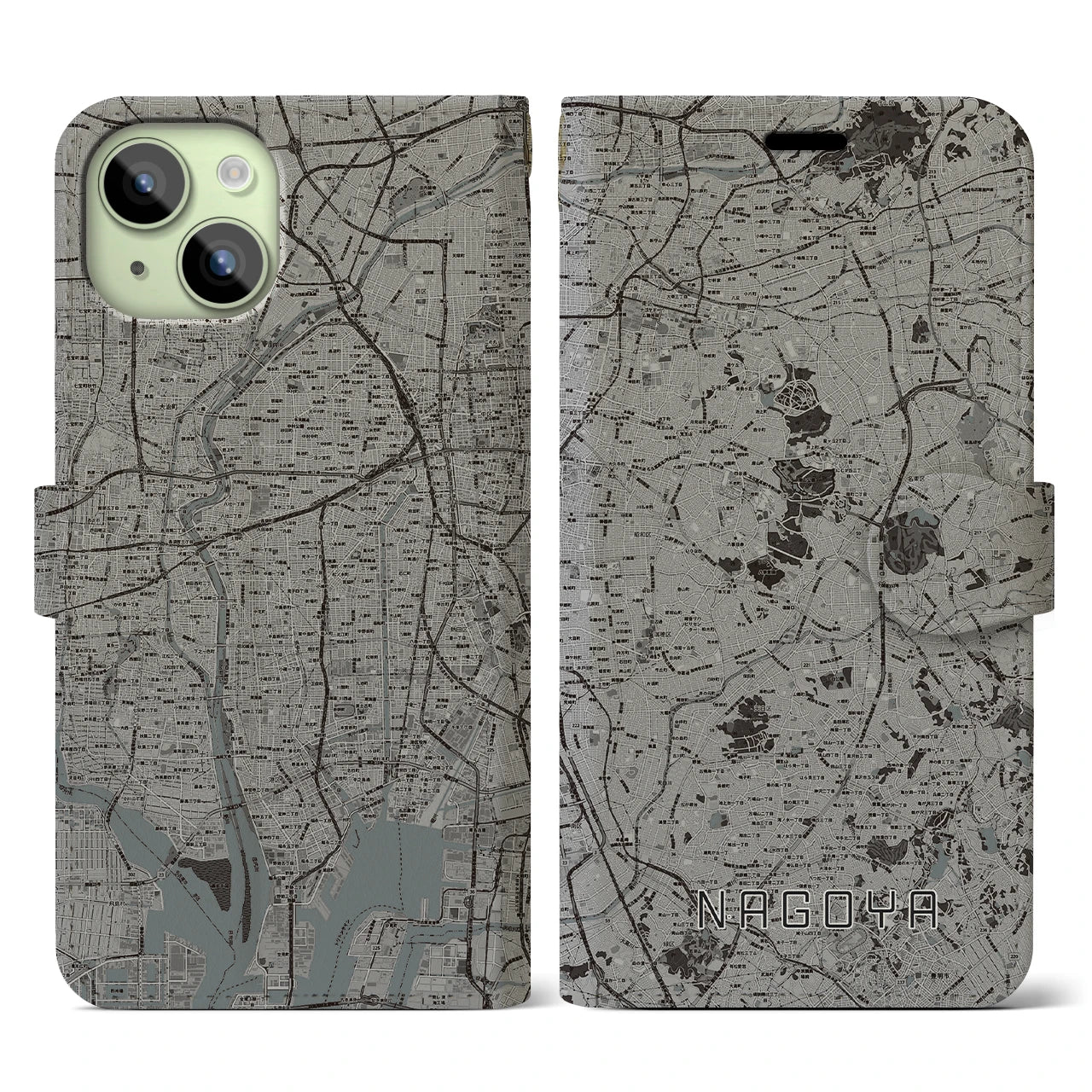 【名古屋(愛知県)】地図柄iPhoneケース(手帳タイプ)モノトーン・iPhone 15 用