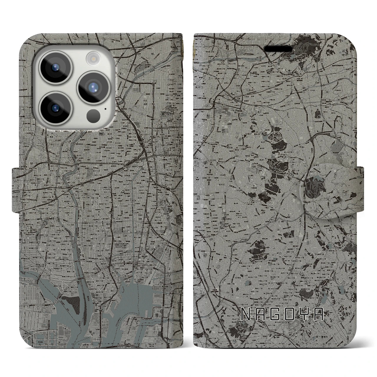 【名古屋(愛知県)】地図柄iPhoneケース(手帳タイプ)モノトーン・iPhone 15 Pro 用