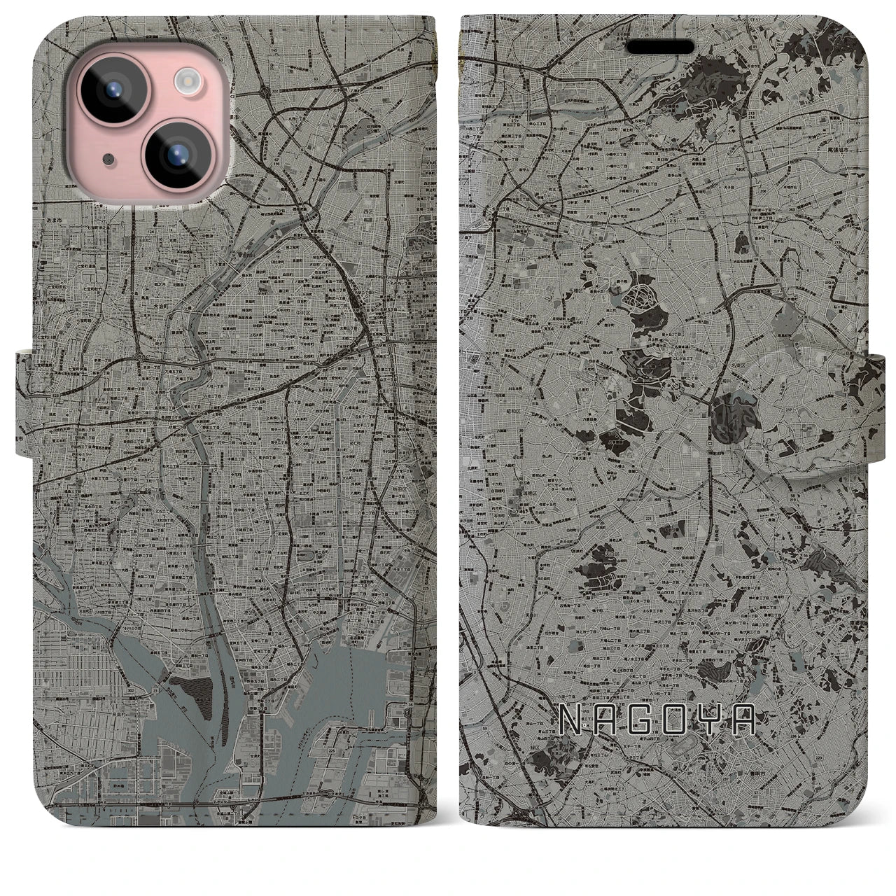 【名古屋(愛知県)】地図柄iPhoneケース(手帳タイプ)モノトーン・iPhone 15 Plus 用