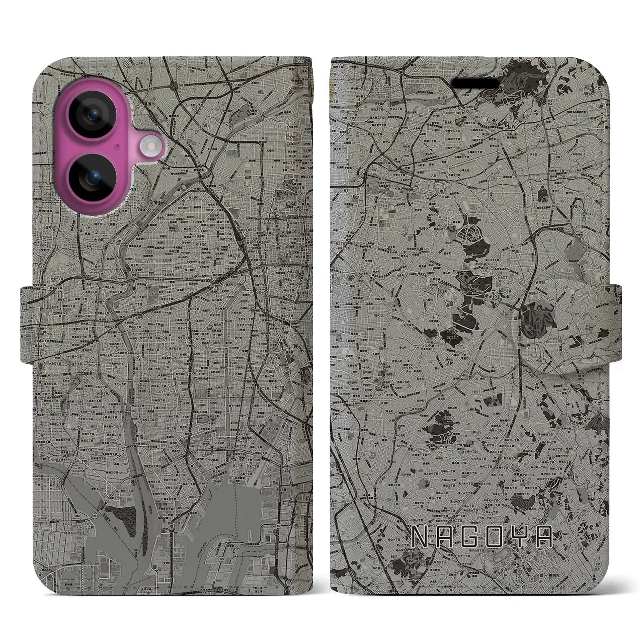 【名古屋(愛知県)】地図柄iPhoneケース(手帳タイプ)モノトーン・iPhone 16 Pro 用