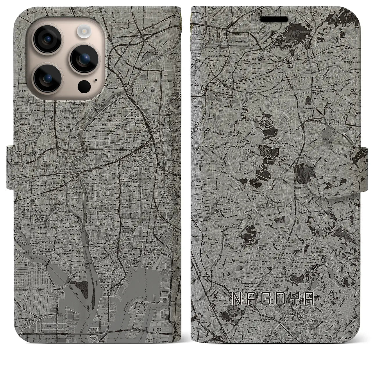 【名古屋(愛知県)】地図柄iPhoneケース(手帳タイプ)モノトーン・iPhone 16 Plus 用