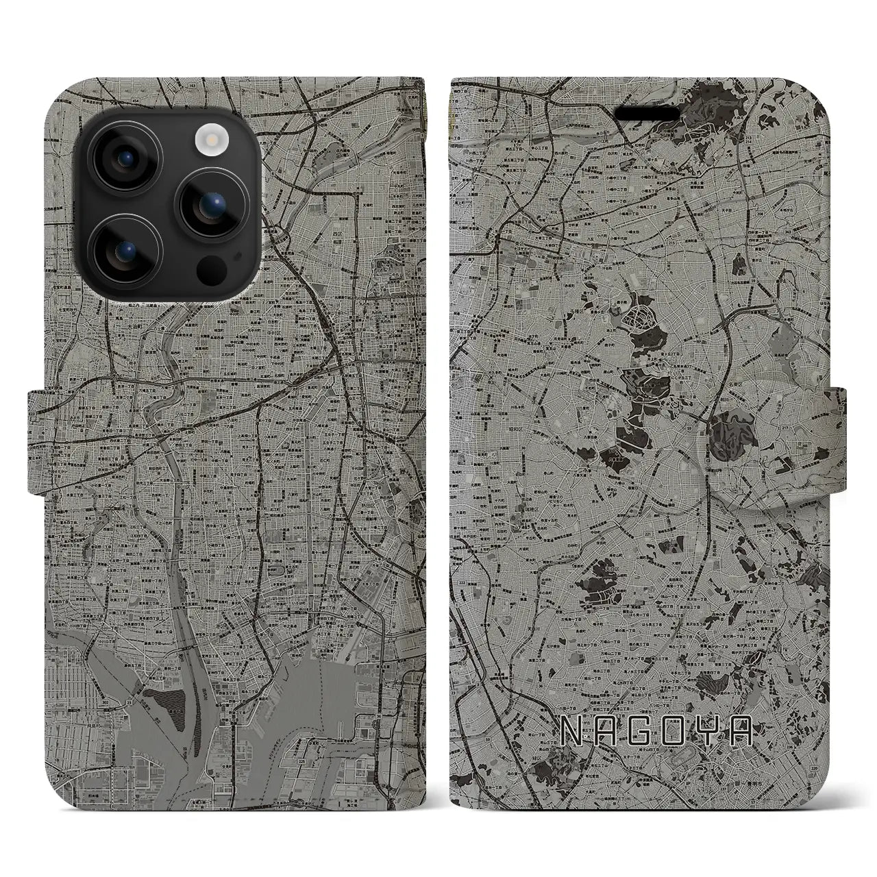 【名古屋(愛知県)】地図柄iPhoneケース(手帳タイプ)モノトーン・iPhone 16 用