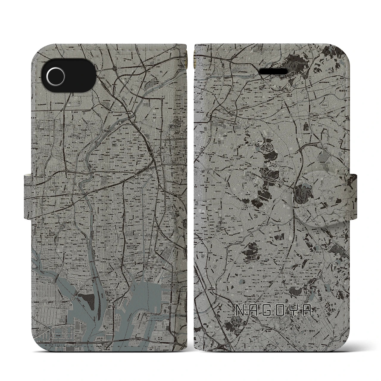 【名古屋(愛知県)】地図柄iPhoneケース(手帳タイプ)モノトーン・iPhone SE(第3 / 第2世代) / 8 / 7 / 6s / 6 用