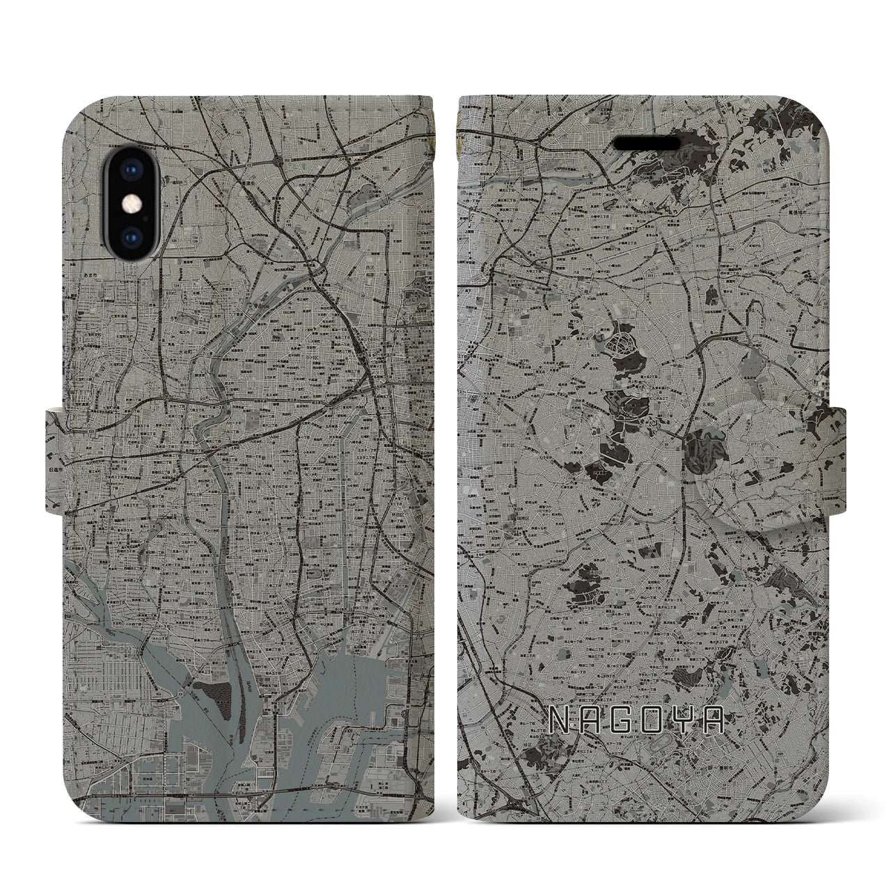【名古屋(愛知県)】地図柄iPhoneケース(手帳タイプ)モノトーン・iPhone XS / X 用