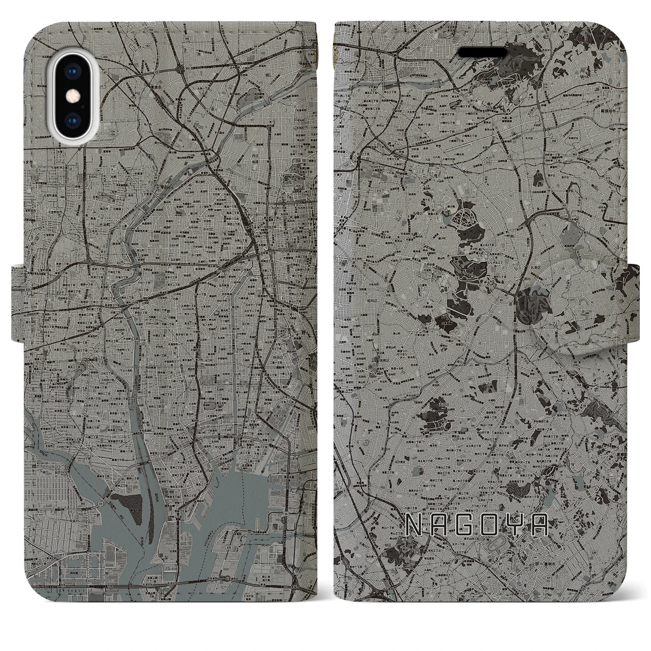 【名古屋(愛知県)】地図柄iPhoneケース(手帳タイプ)モノトーン・iPhone XS Max 用