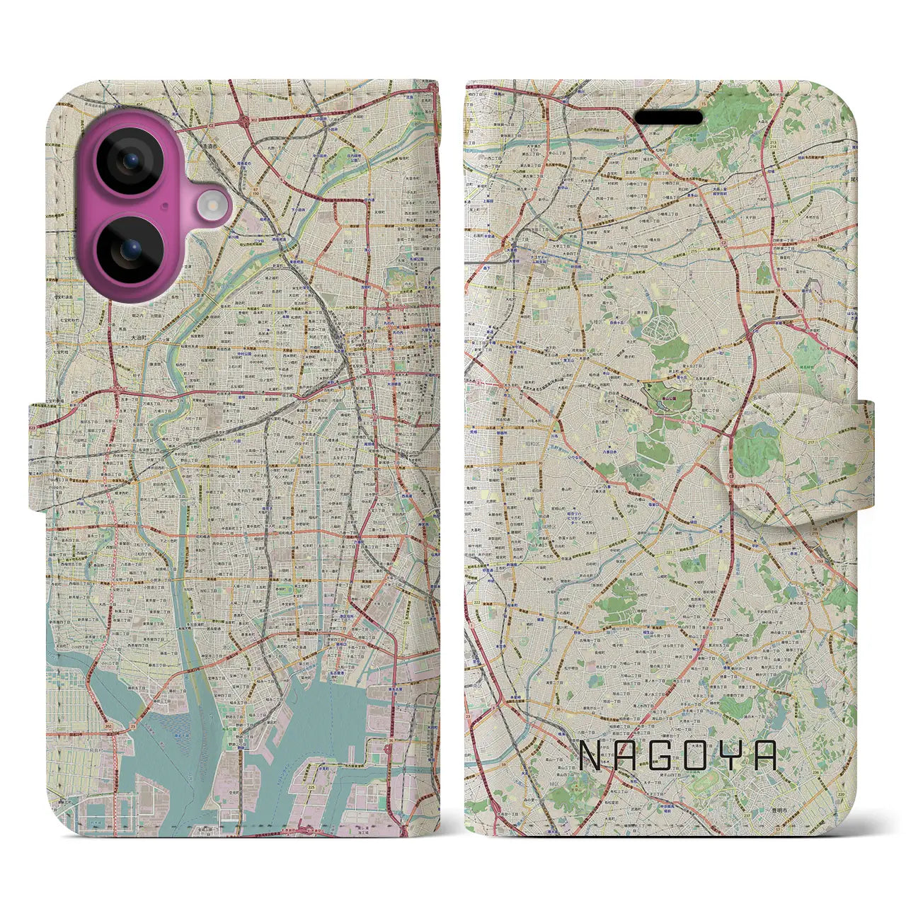 【名古屋(愛知県)】地図柄iPhoneケース(手帳タイプ)ナチュラル・iPhone 16 Pro 用