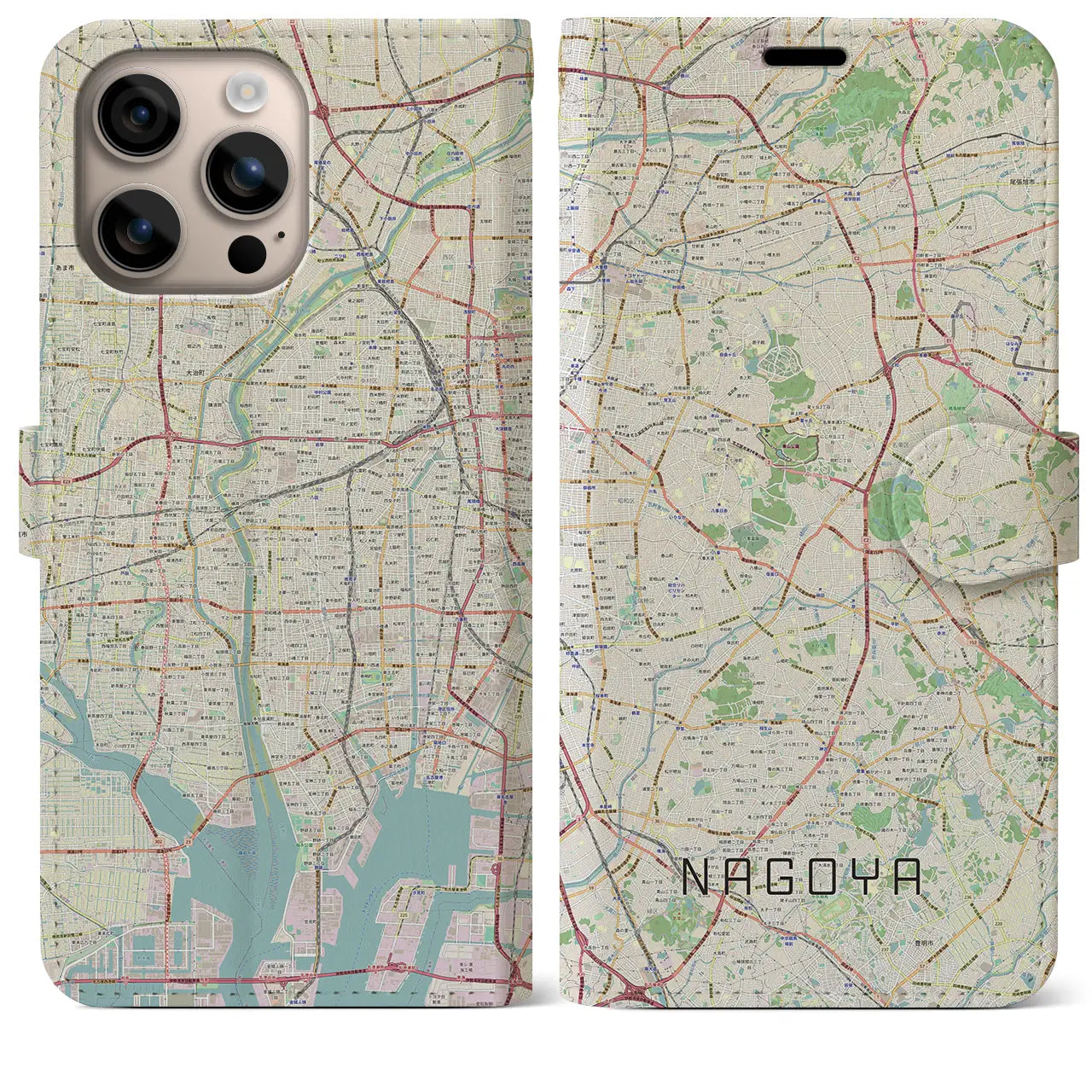【名古屋(愛知県)】地図柄iPhoneケース(手帳タイプ)ナチュラル・iPhone 16 Plus 用