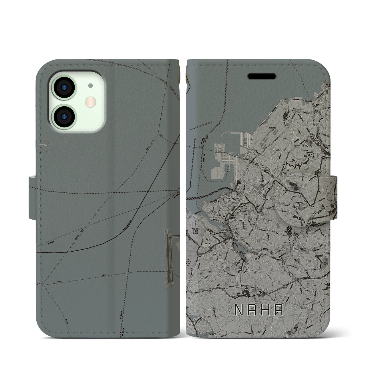 【那覇(沖縄県)】地図柄iPhoneケース(手帳タイプ)モノトーン・iPhone 12 mini 用