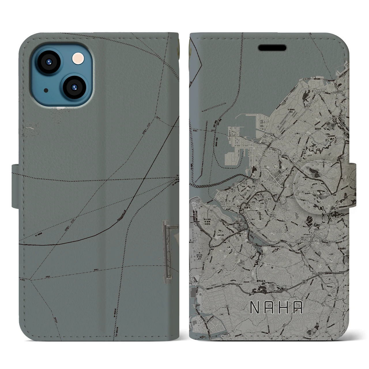 【那覇(沖縄県)】地図柄iPhoneケース(手帳タイプ)モノトーン・iPhone 13 用