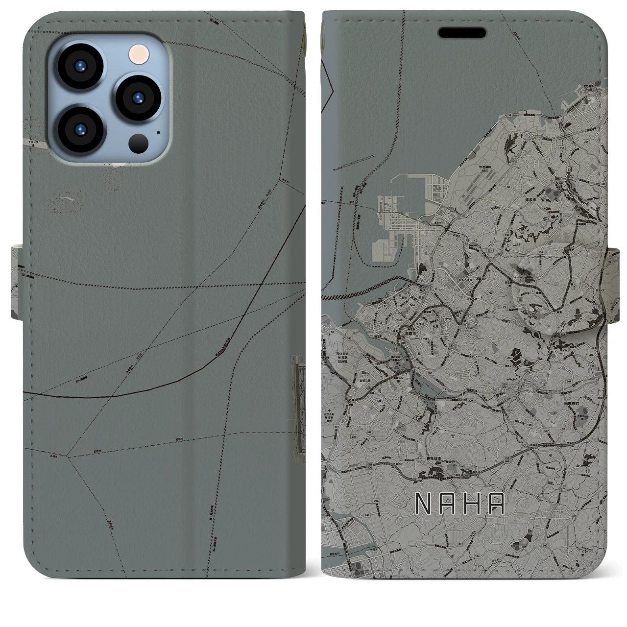 【那覇(沖縄県)】地図柄iPhoneケース(手帳タイプ)モノトーン・iPhone 13 Pro Max 用