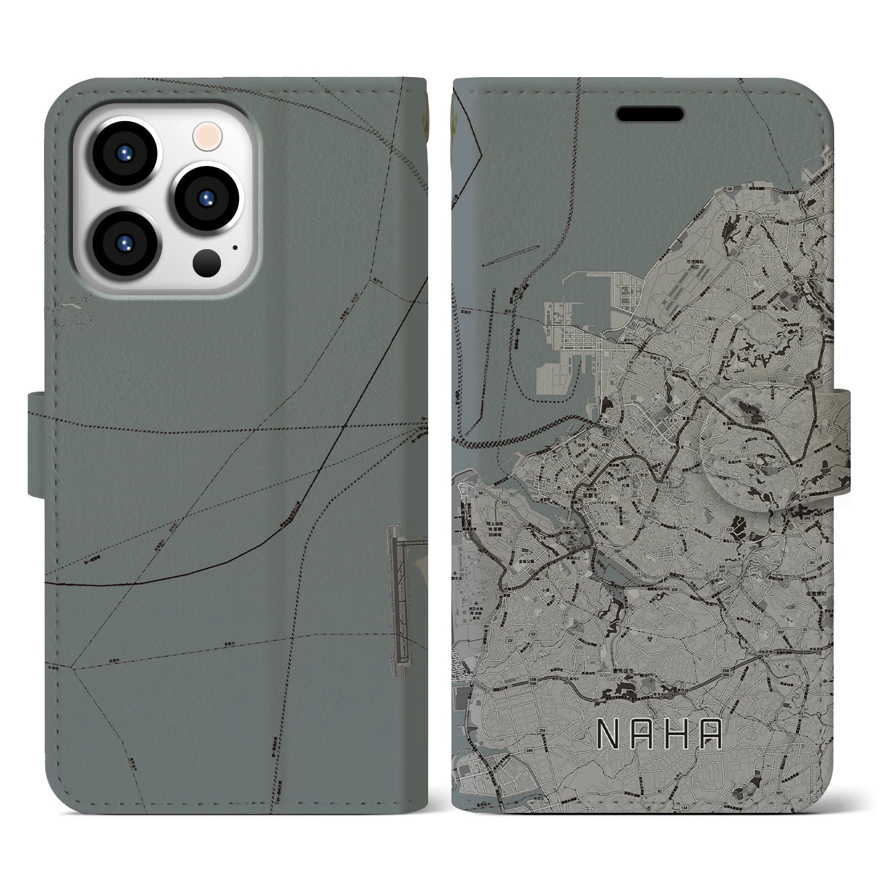 【那覇(沖縄県)】地図柄iPhoneケース(手帳タイプ)モノトーン・iPhone 13 Pro 用