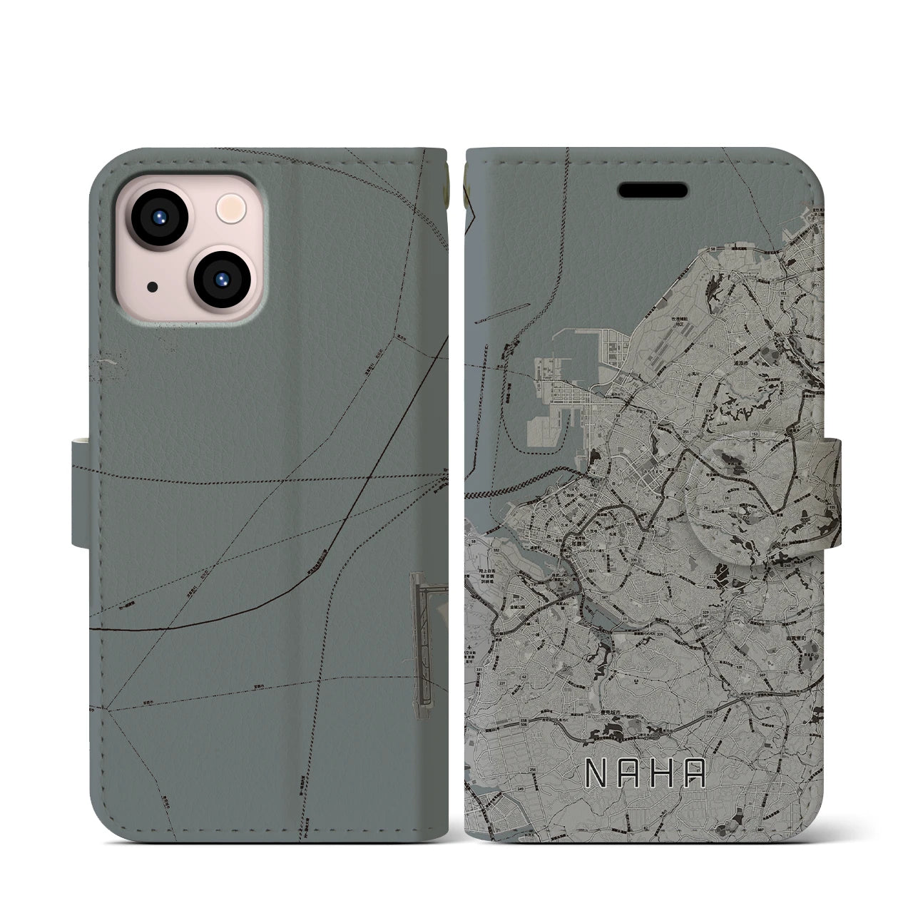 【那覇(沖縄県)】地図柄iPhoneケース(手帳タイプ)モノトーン・iPhone 13 mini 用