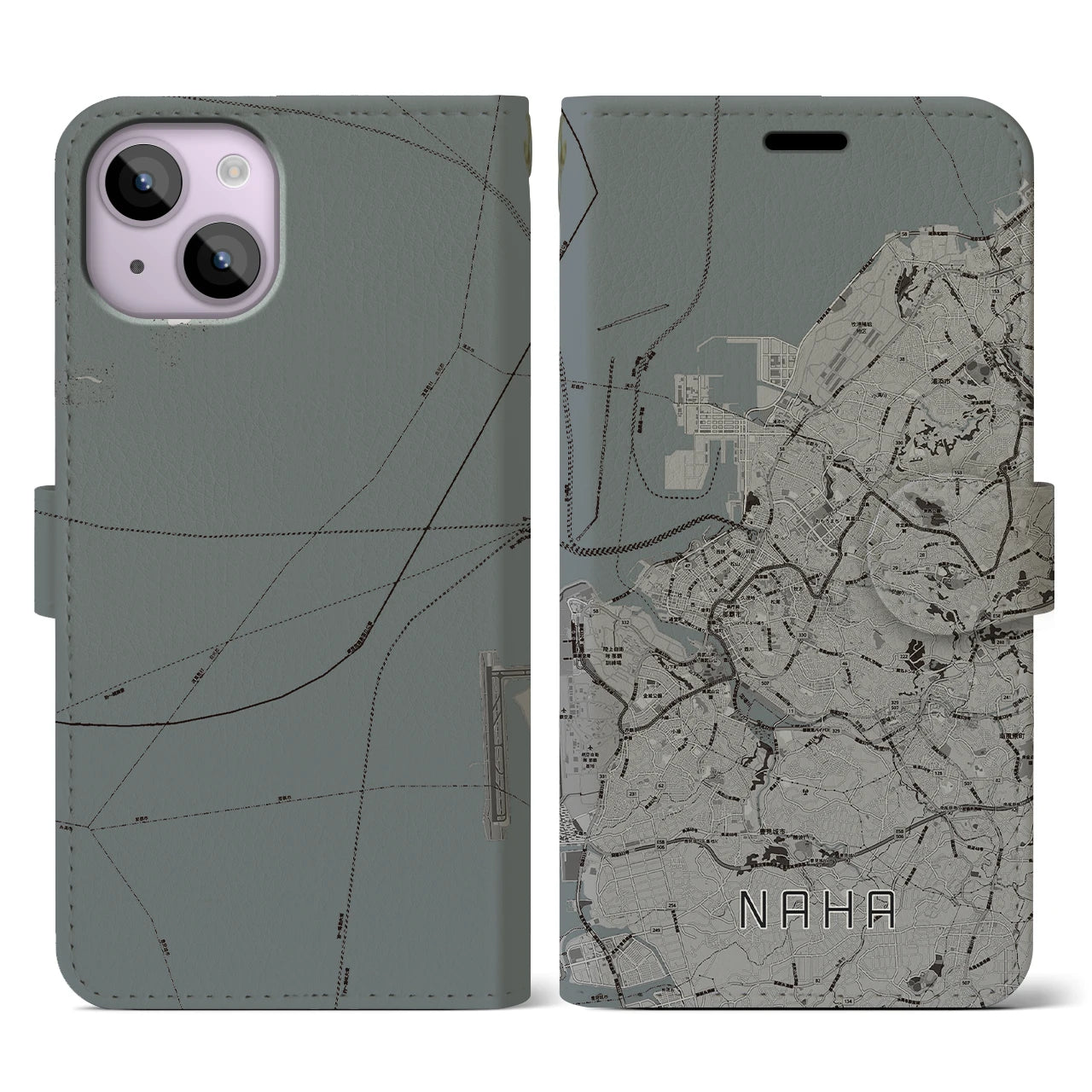 【那覇(沖縄県)】地図柄iPhoneケース(手帳タイプ)モノトーン・iPhone 14 用