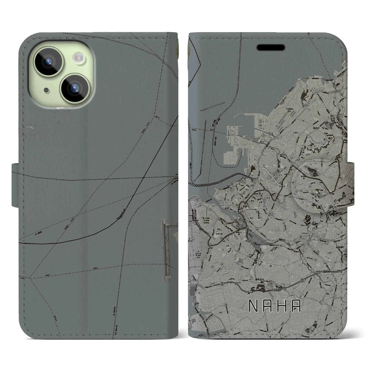 【那覇(沖縄県)】地図柄iPhoneケース(手帳タイプ)モノトーン・iPhone 15 用