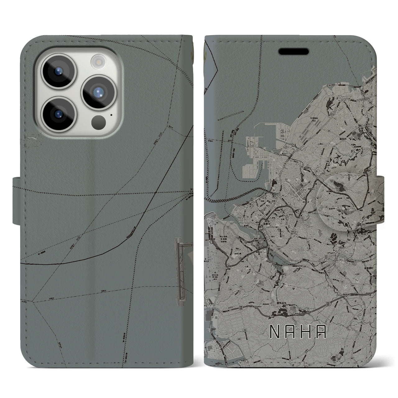 【那覇(沖縄県)】地図柄iPhoneケース(手帳タイプ)モノトーン・iPhone 15 Pro 用
