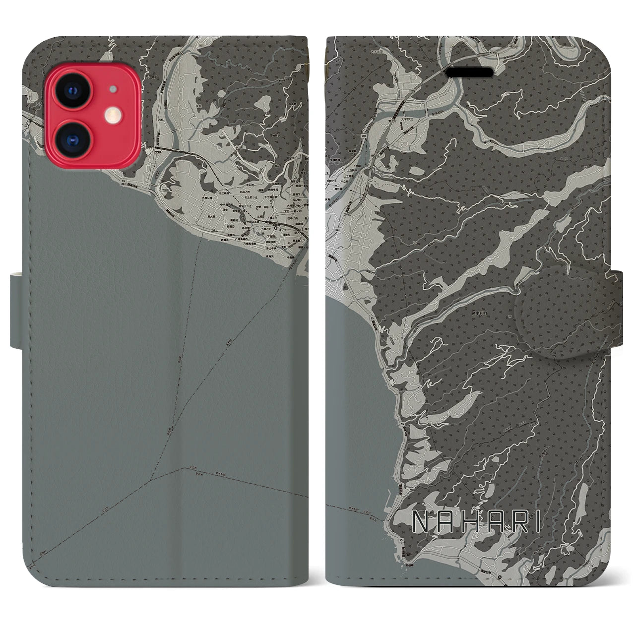 【奈半利(高知県)】地図柄iPhoneケース(手帳タイプ)モノトーン・iPhone 11 用