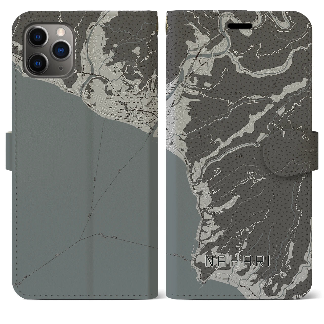 【奈半利(高知県)】地図柄iPhoneケース(手帳タイプ)モノトーン・iPhone 11 Pro Max 用
