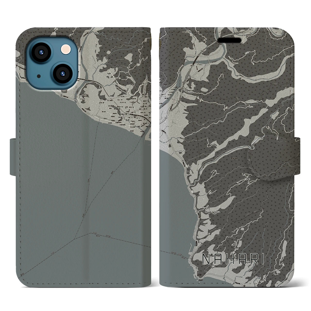 【奈半利(高知県)】地図柄iPhoneケース(手帳タイプ)モノトーン・iPhone 13 用