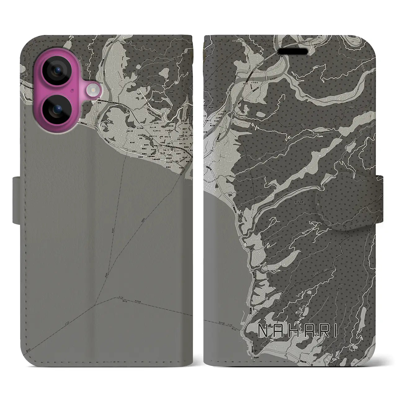 【奈半利(高知県)】地図柄iPhoneケース(手帳タイプ)モノトーン・iPhone 16 Pro 用