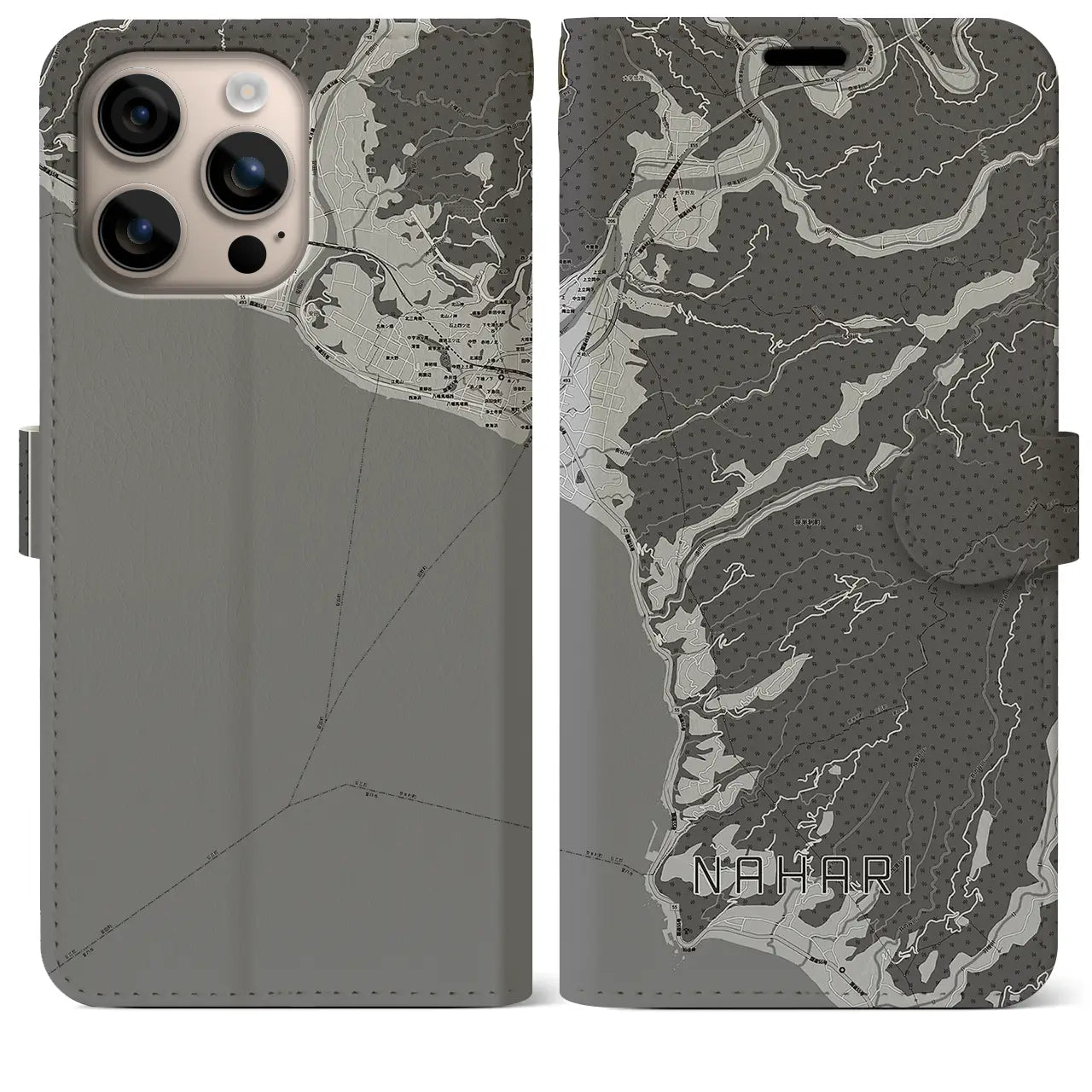 【奈半利(高知県)】地図柄iPhoneケース(手帳タイプ)モノトーン・iPhone 16 Plus 用