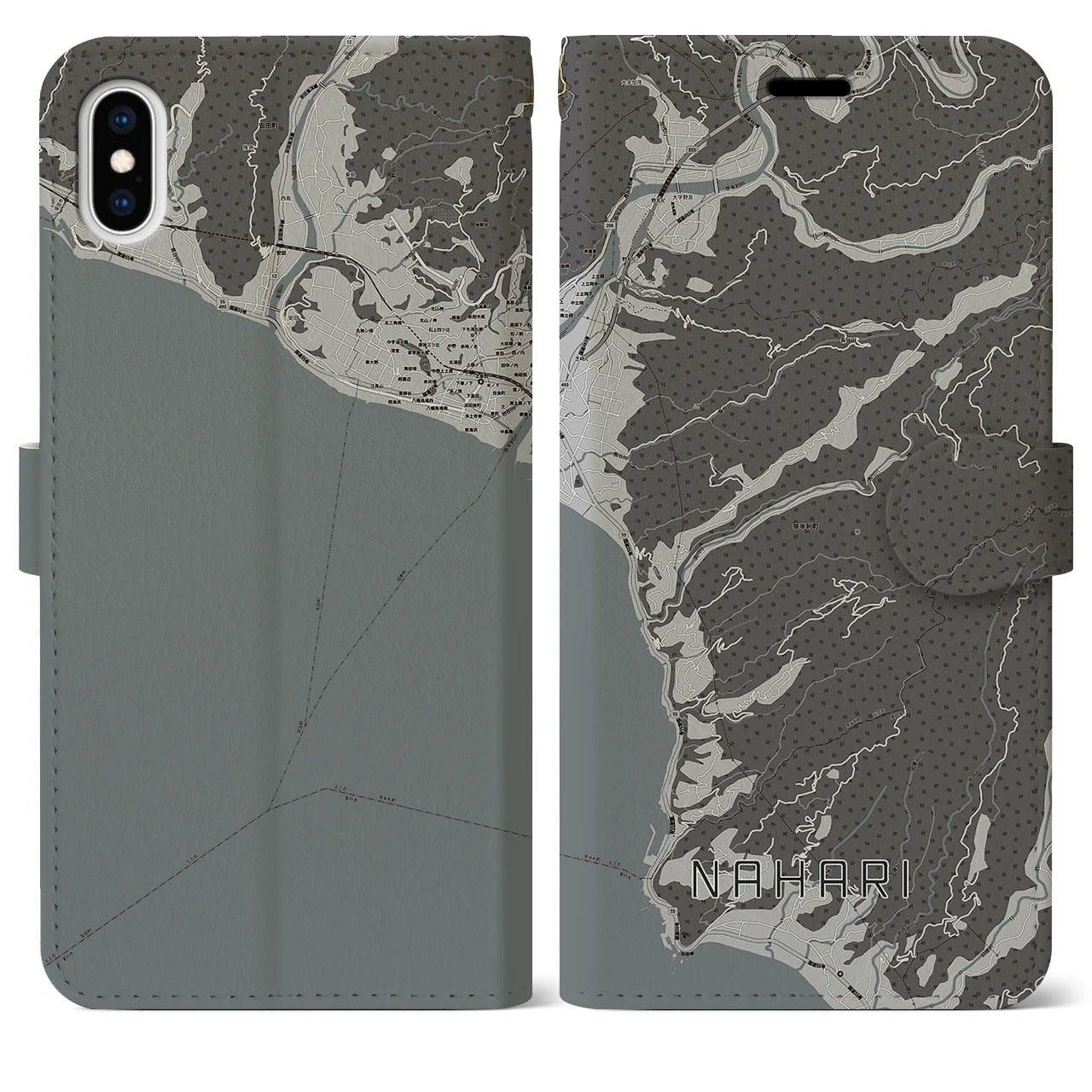 【奈半利(高知県)】地図柄iPhoneケース(手帳タイプ)モノトーン・iPhone XS Max 用