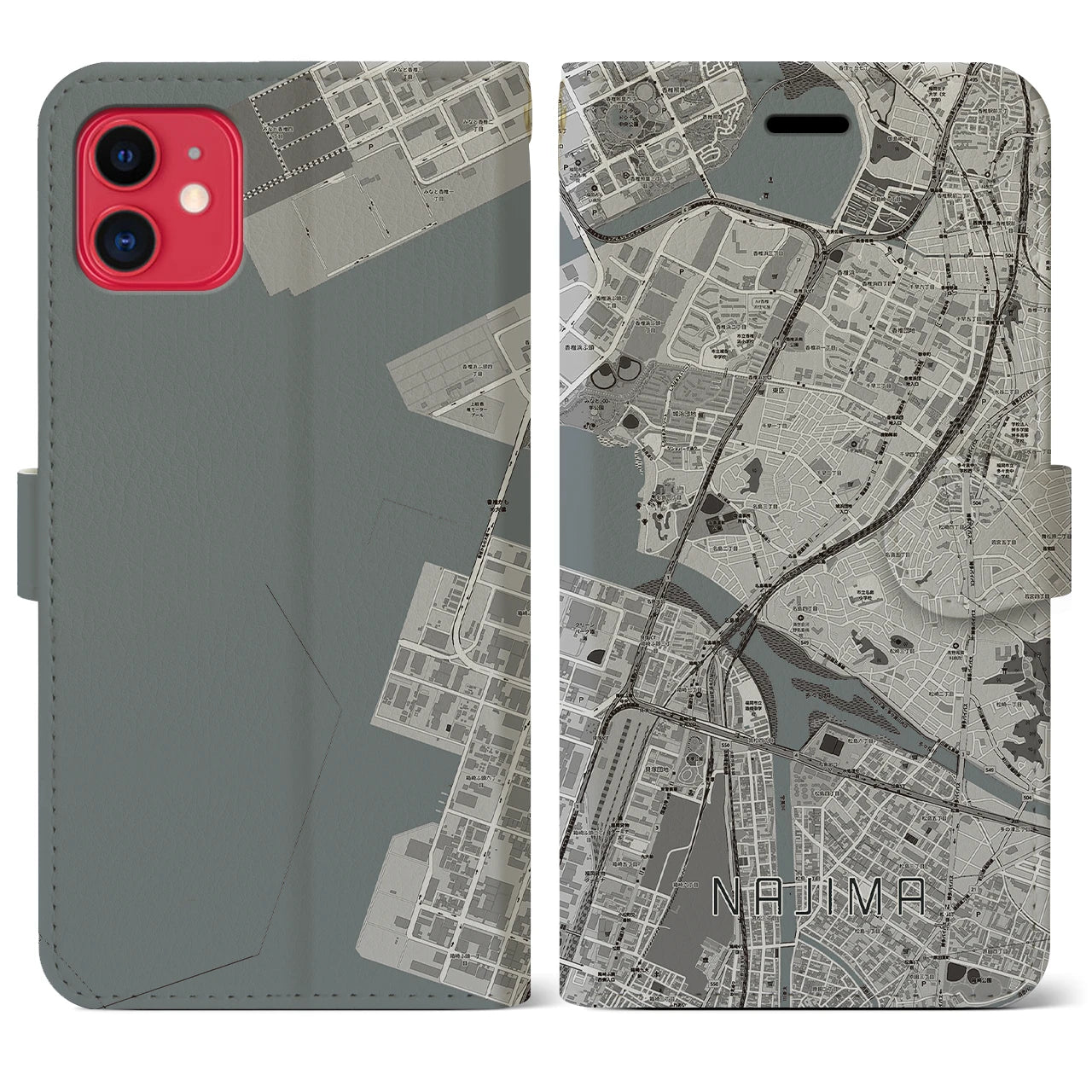 【名島(福岡県)】地図柄iPhoneケース(手帳タイプ)モノトーン・iPhone 11 用