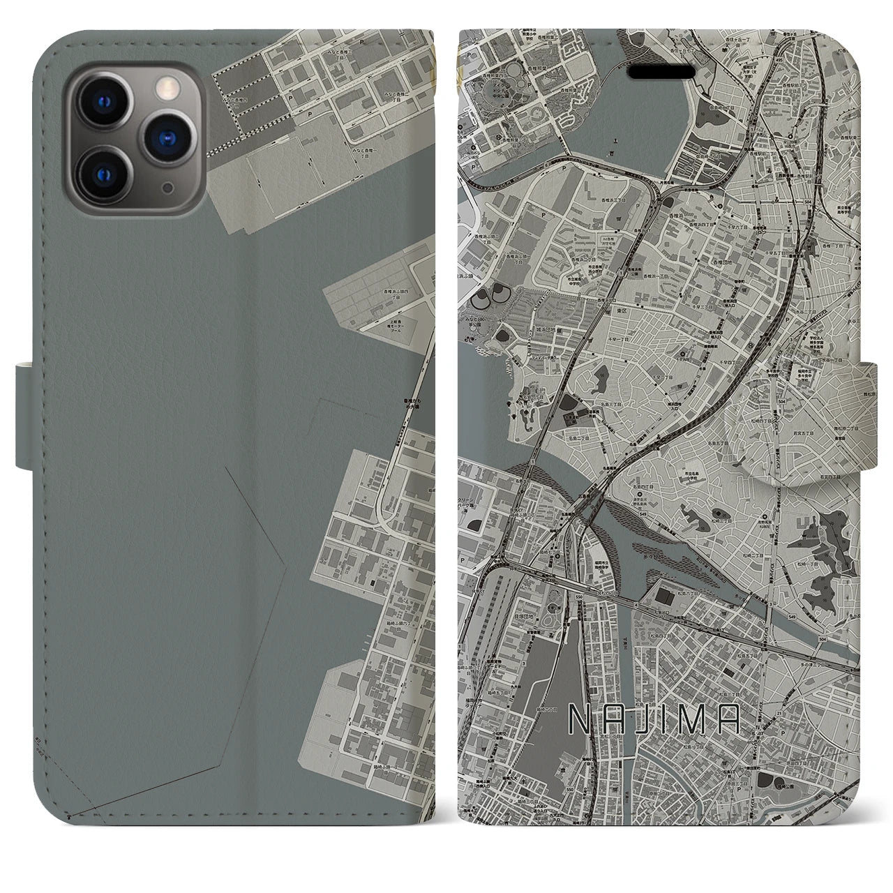 【名島(福岡県)】地図柄iPhoneケース(手帳タイプ)モノトーン・iPhone 11 Pro Max 用