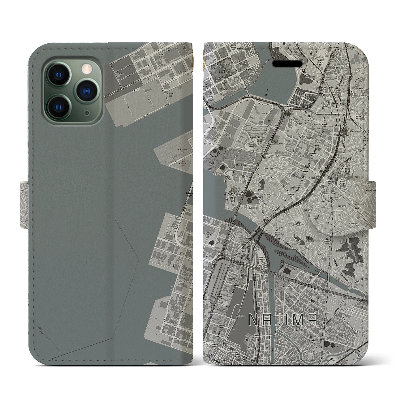 【名島(福岡県)】地図柄iPhoneケース(手帳タイプ)モノトーン・iPhone 11 Pro 用