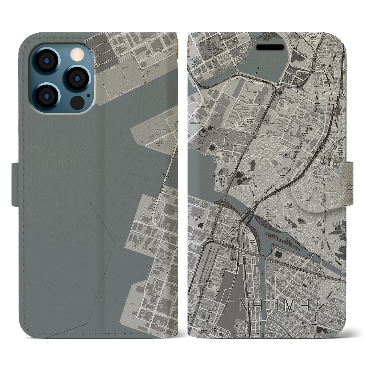 【名島(福岡県)】地図柄iPhoneケース(手帳タイプ)モノトーン・iPhone 12 / 12 Pro 用
