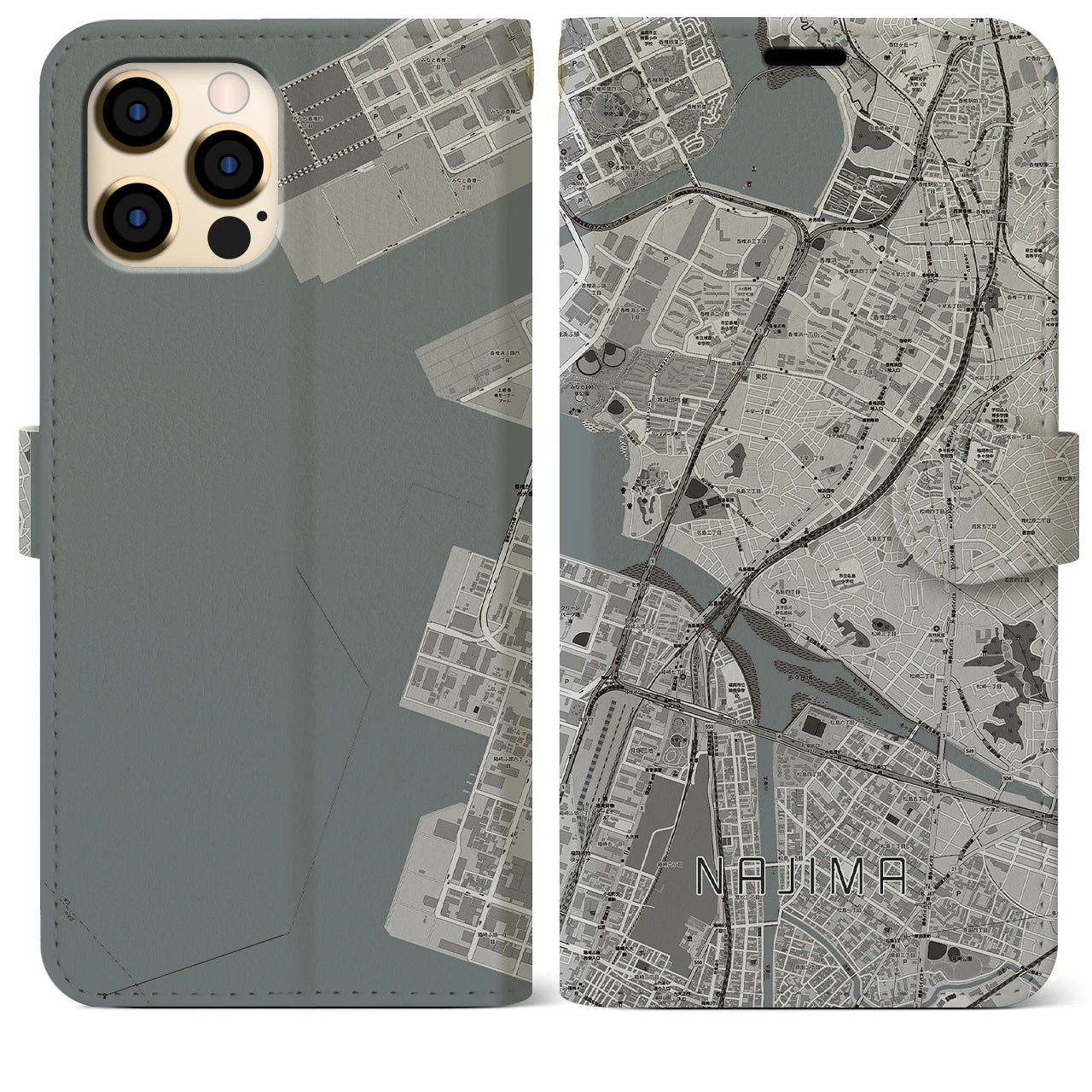 【名島(福岡県)】地図柄iPhoneケース(手帳タイプ)モノトーン・iPhone 12 Pro Max 用