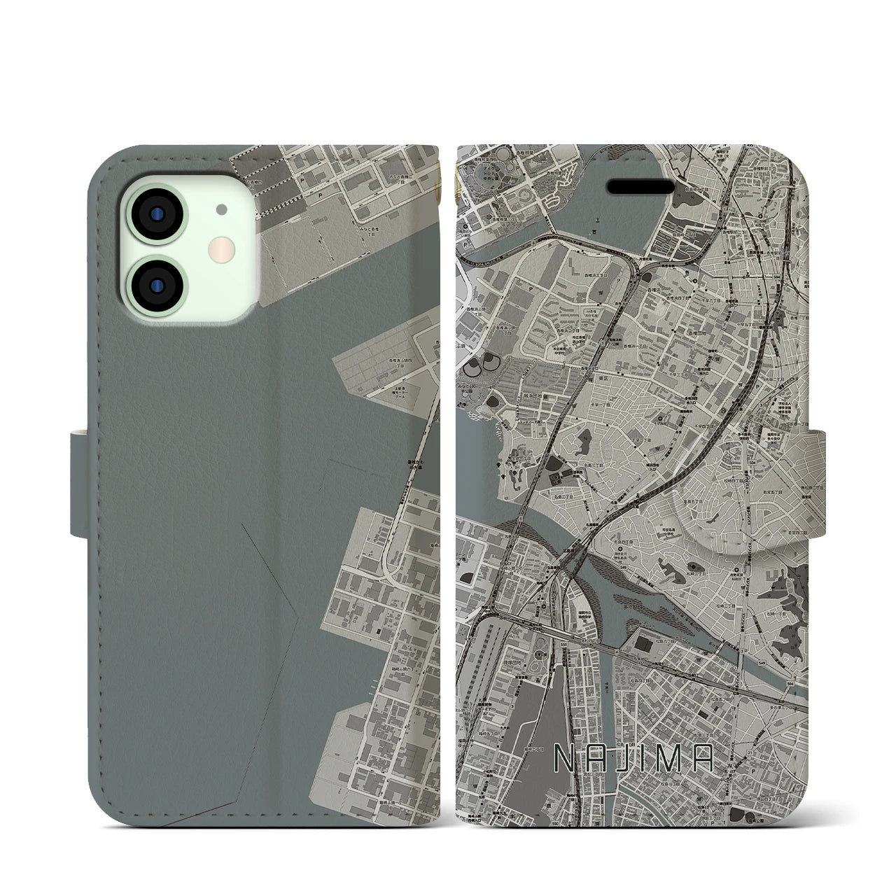 【名島(福岡県)】地図柄iPhoneケース(手帳タイプ)モノトーン・iPhone 12 mini 用