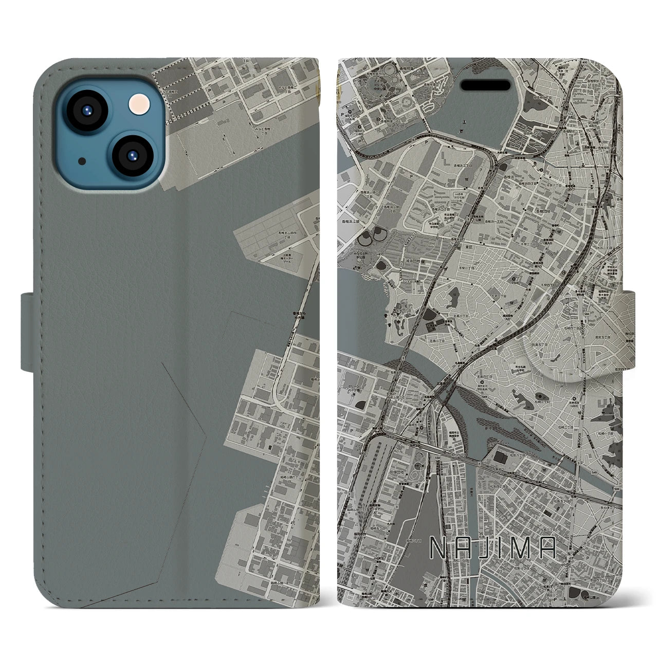 【名島(福岡県)】地図柄iPhoneケース(手帳タイプ)モノトーン・iPhone 13 用