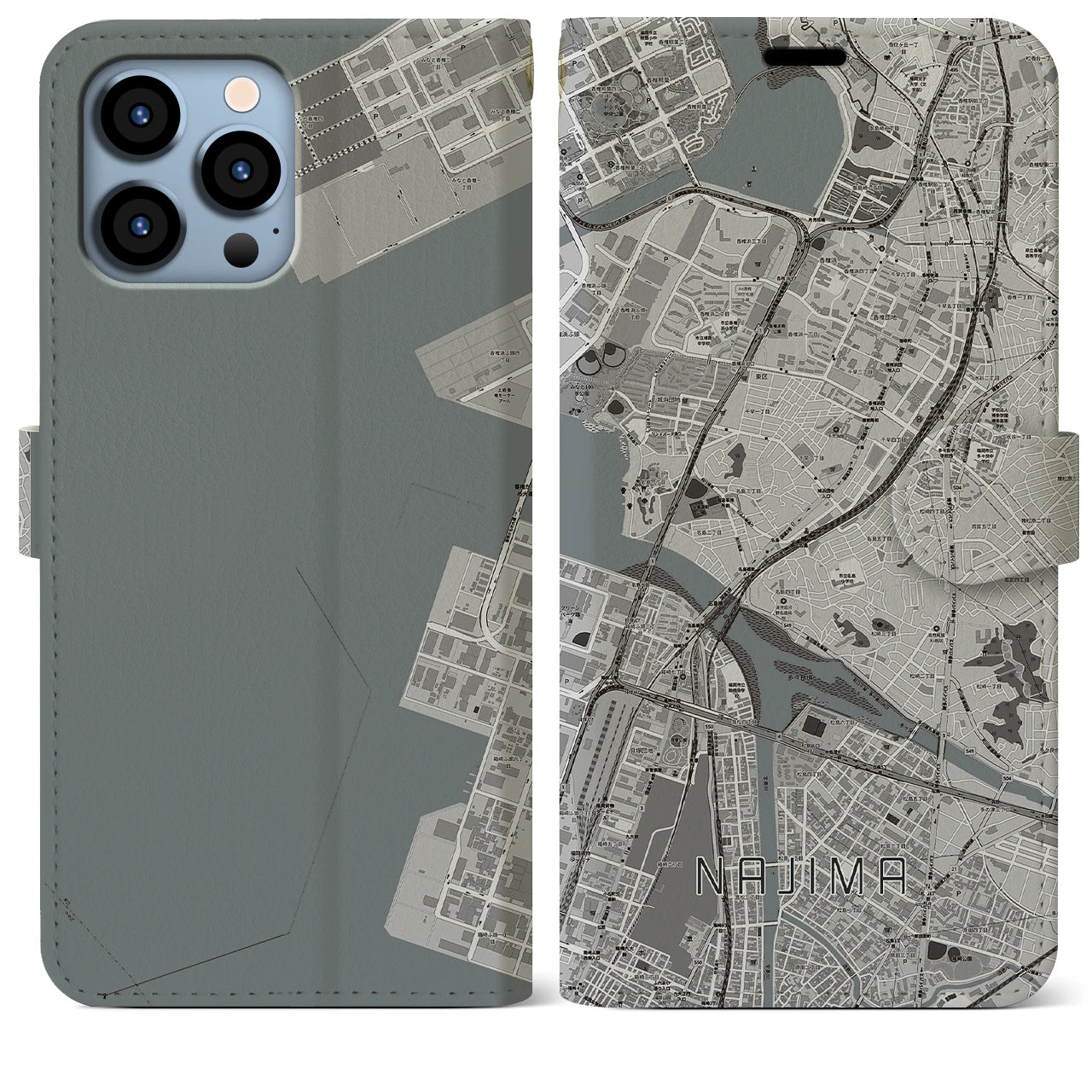 【名島(福岡県)】地図柄iPhoneケース(手帳タイプ)モノトーン・iPhone 13 Pro Max 用