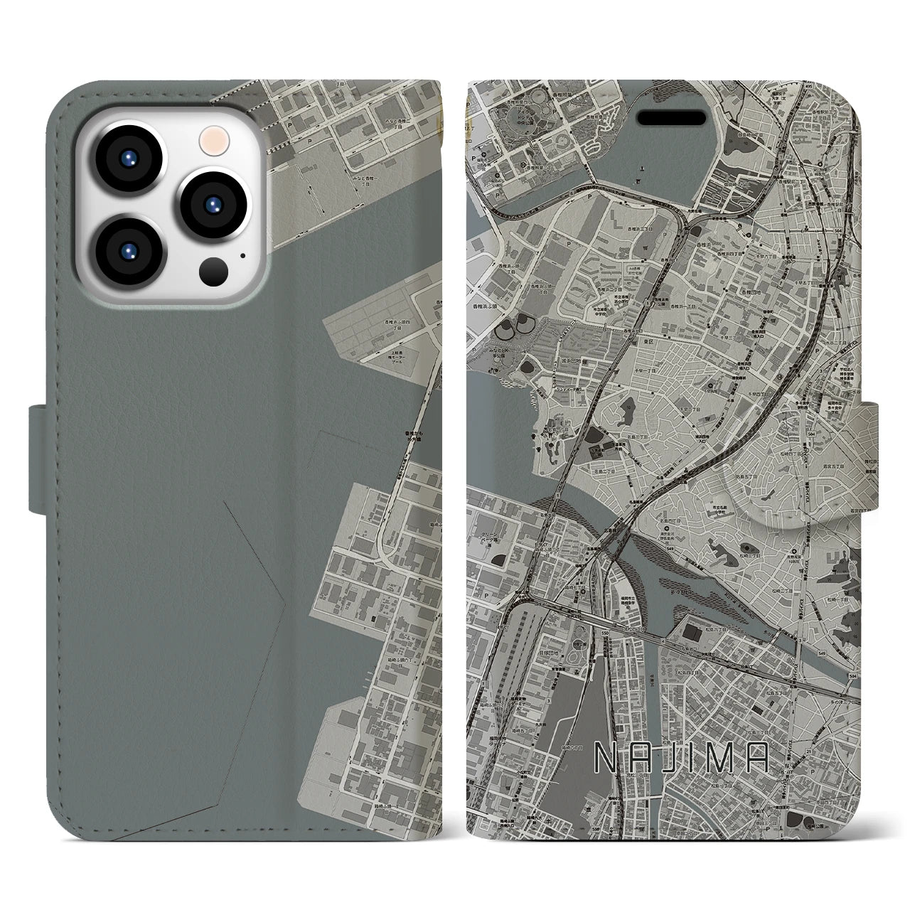 【名島(福岡県)】地図柄iPhoneケース(手帳タイプ)モノトーン・iPhone 13 Pro 用